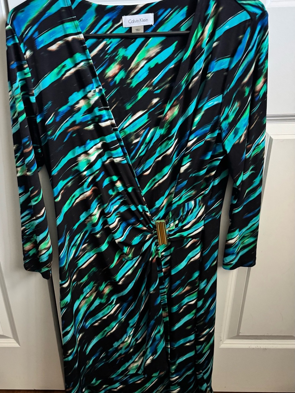 Calvin Klein Black Dress with Teal, Blue & Green Brushstroke Accents